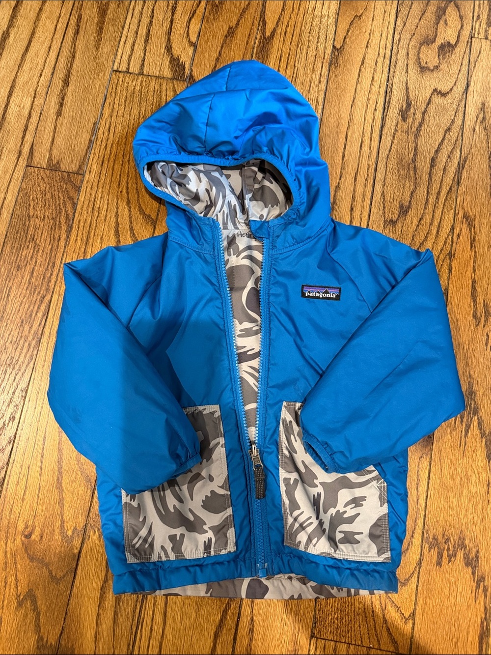 Patagonia Kids Reversible Hooded Raincoat with Gray Camo Accents